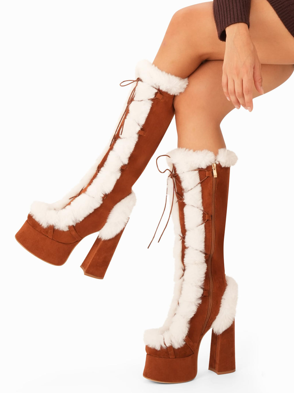 Brown Fur Perisis Women's High Chunky Heel Platform Knee High Boots