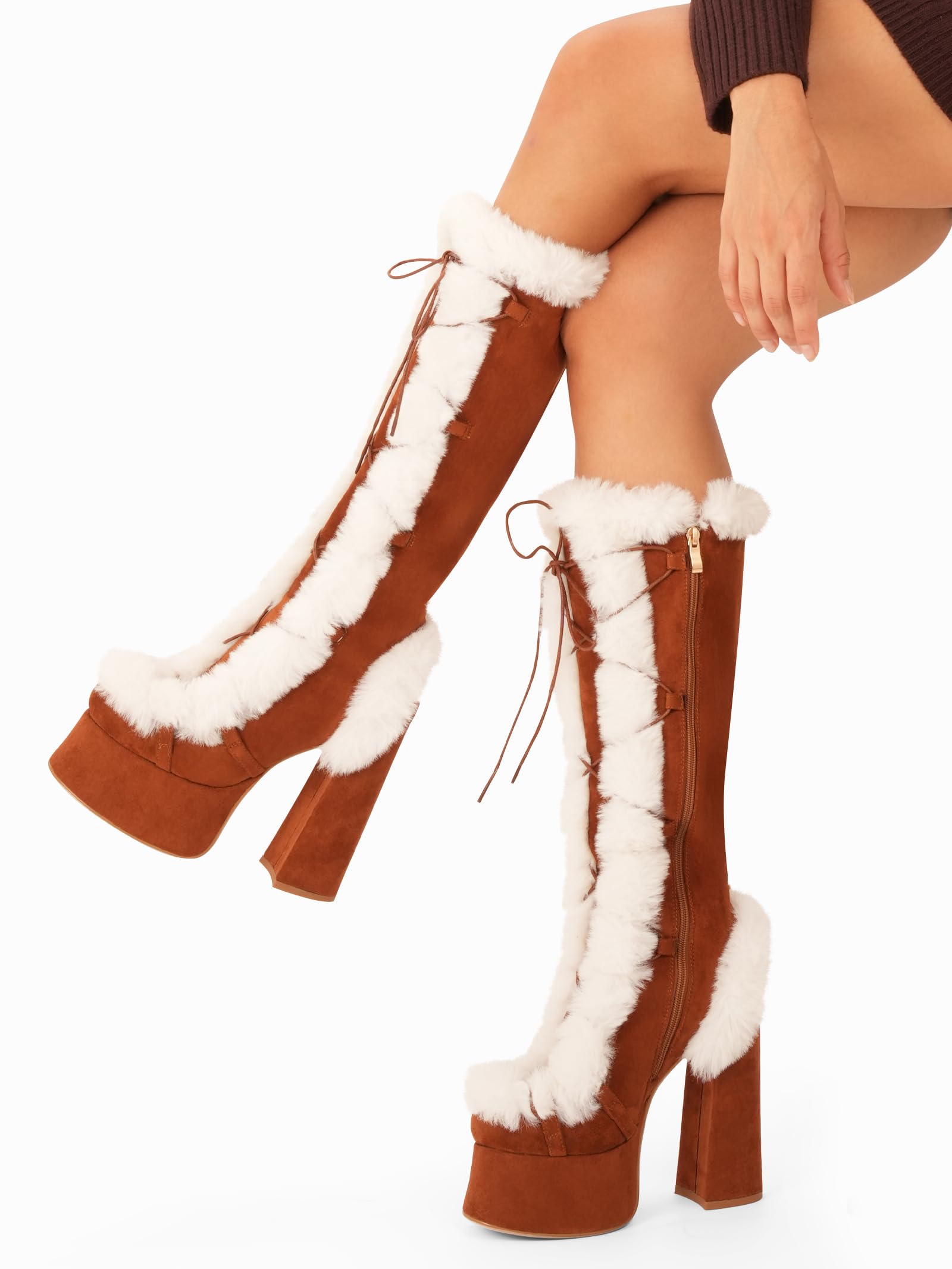 Brown Fur Perisis Women's High Chunky Heel Platform Knee High Boots