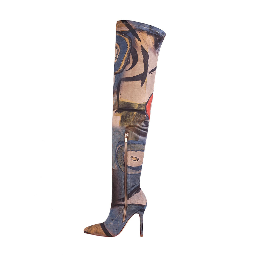 vivianly Women's Sexy Printed Stretchy Thigh High Boots Pointy Toe Stiletto Heel Booties Over The Knee High Heel Boot Size 7