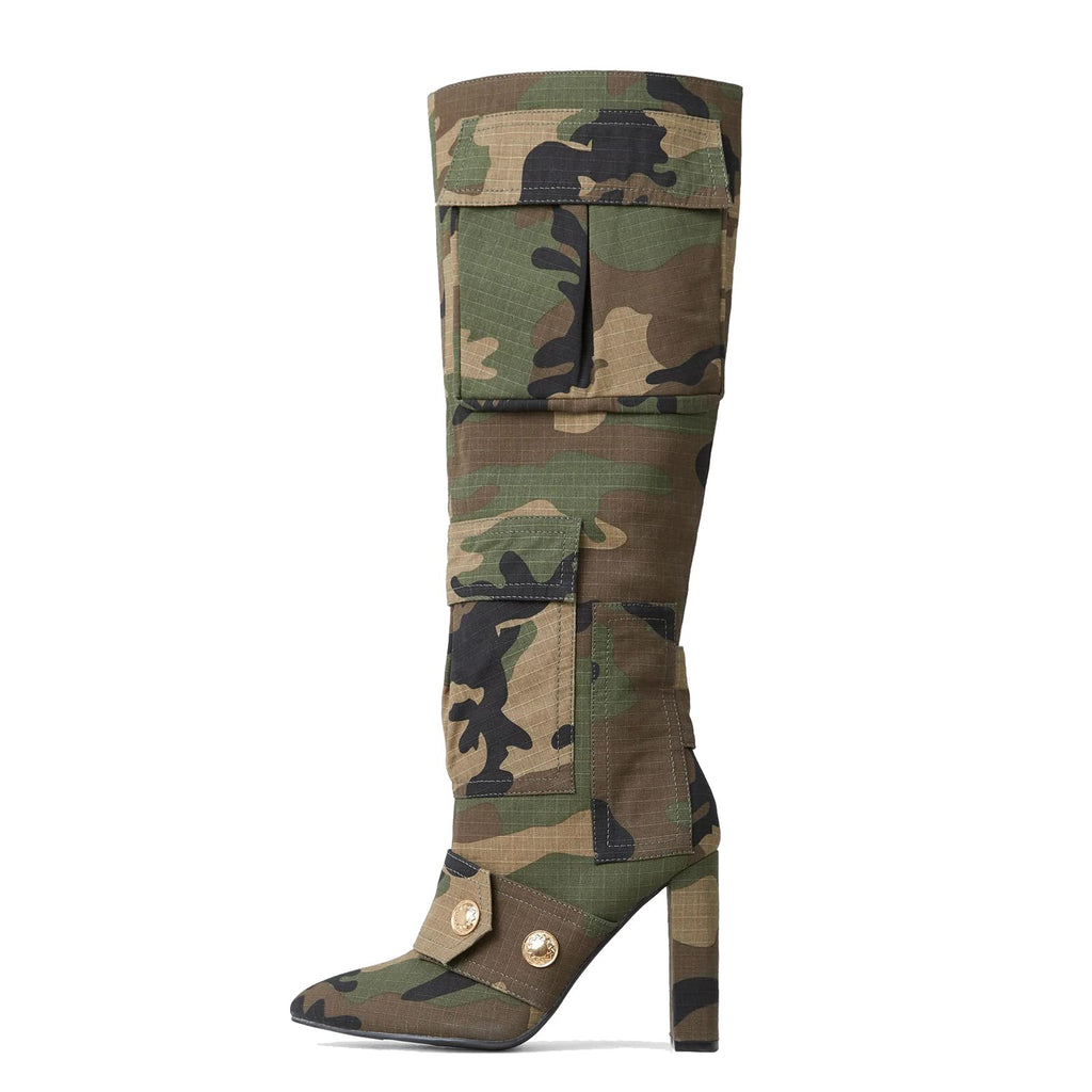 Arqa Women's Camo Knee High Boots Pointed Toe Block Heel Camouflage Boot with Metal Buttons Multiple Pockets Boot