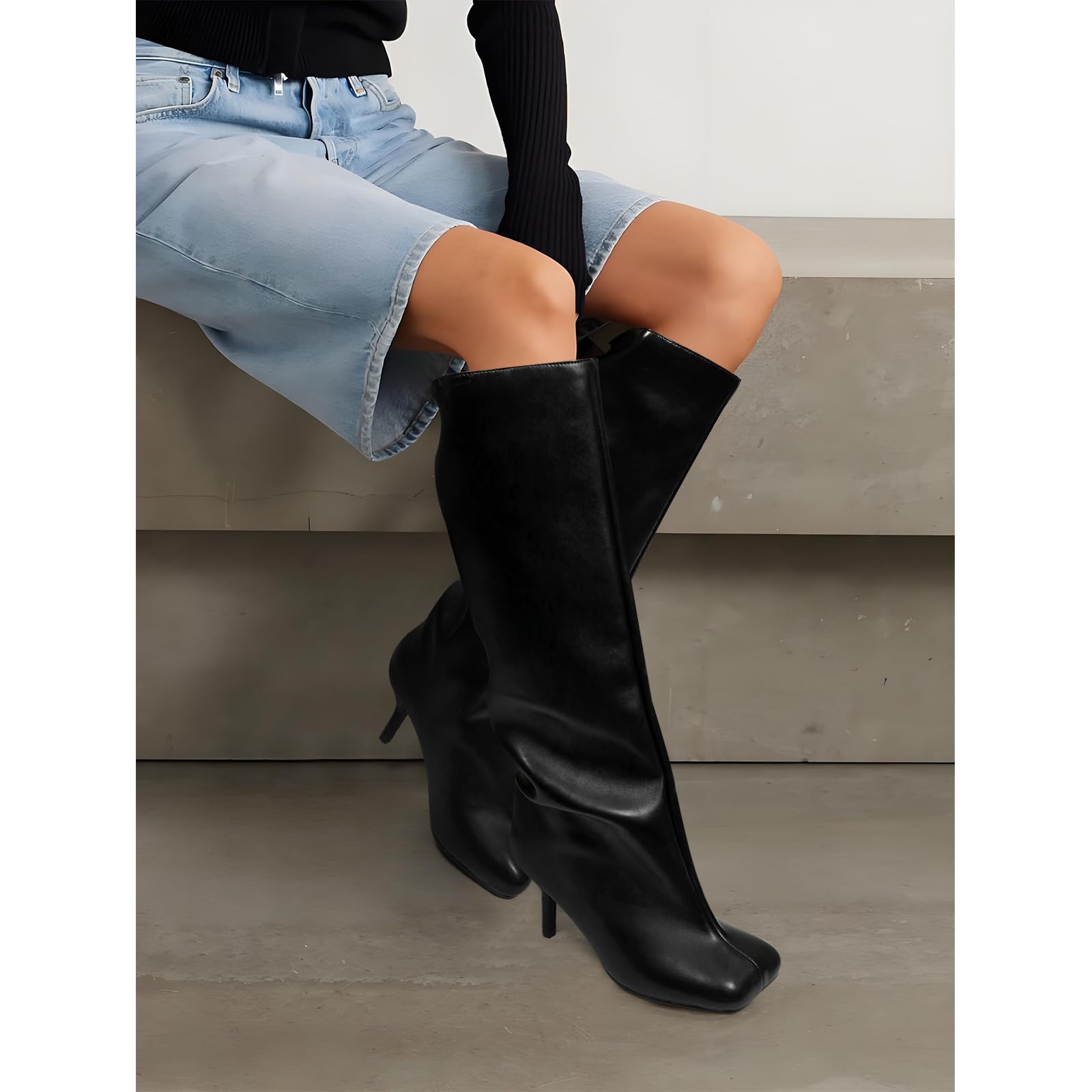 VOZTOLLS Black Knee High Boots for Women Square Toe Leather High Heel Tall Boots Stylish Casual Wide Calf Fall Boots Black