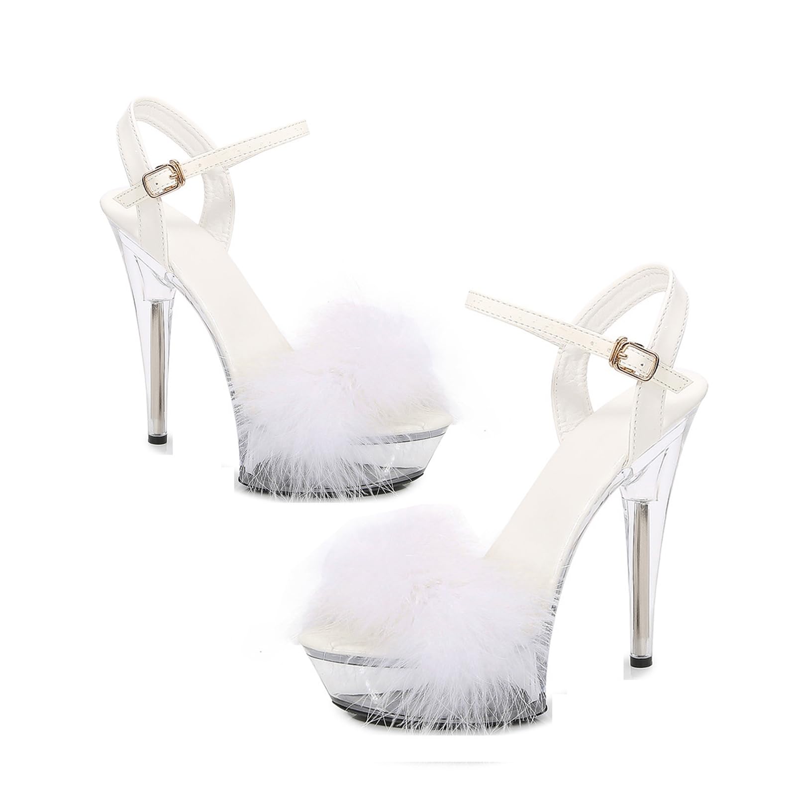 Baffoloo Women's Clear Platform Stiletto Fuzzy High-heeled Sexy Heels for Pole Dancing Heels Sandals White