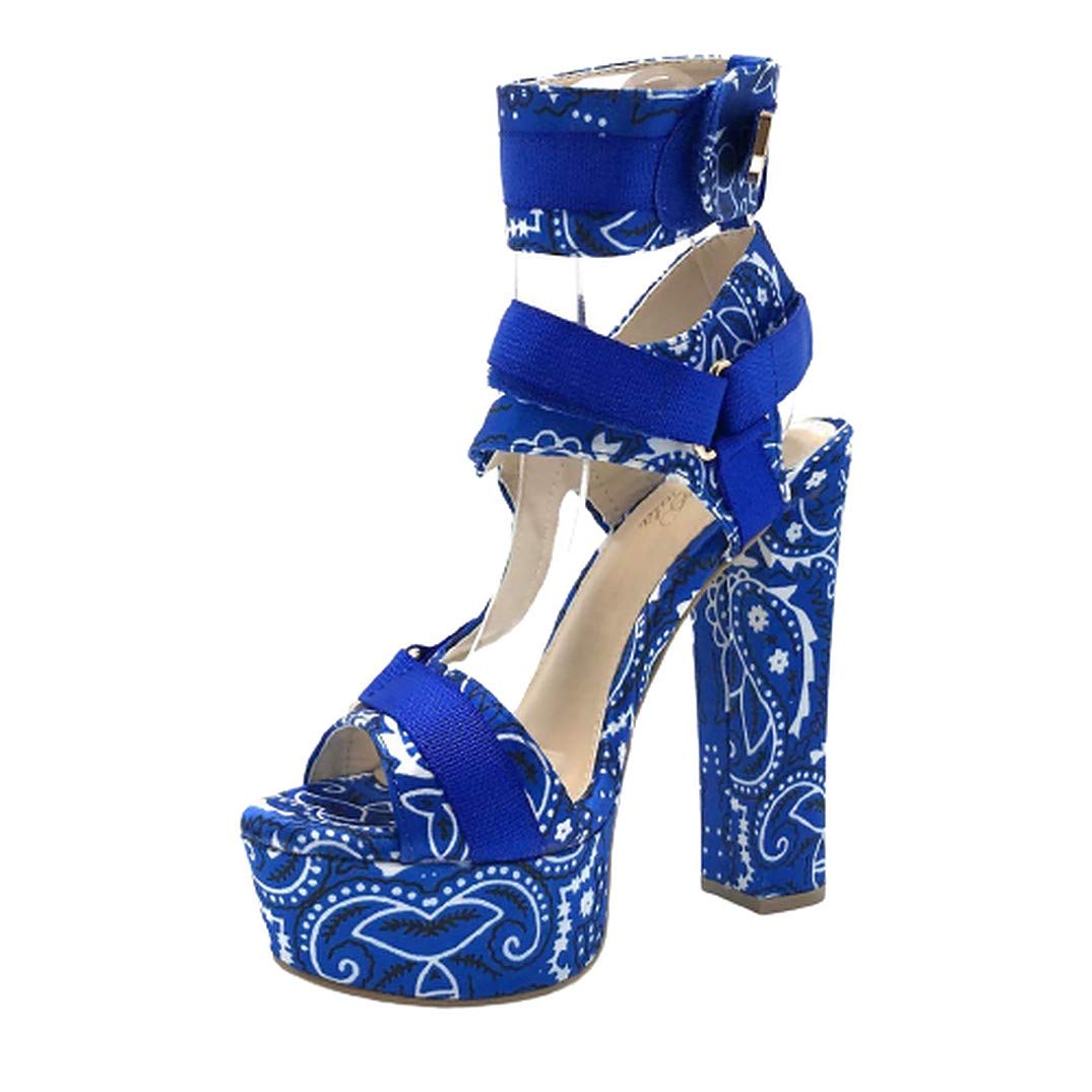 Mata Shoes Women's Open Toe Strappy Chunky Platform High Heel Sandals Blue Bandana