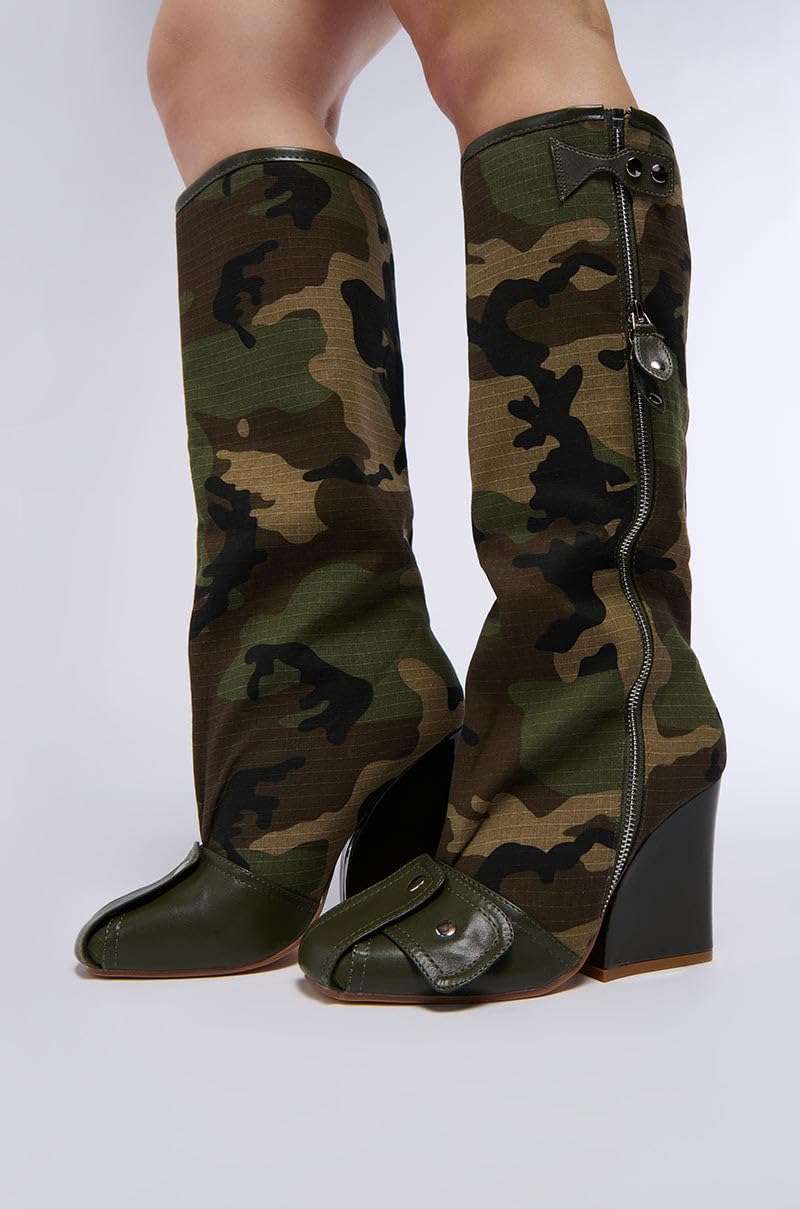 LEMONADE Women's Buckle Detail Square Toe Wedge Heel Knee High Long Boot﻿ Senna Camo