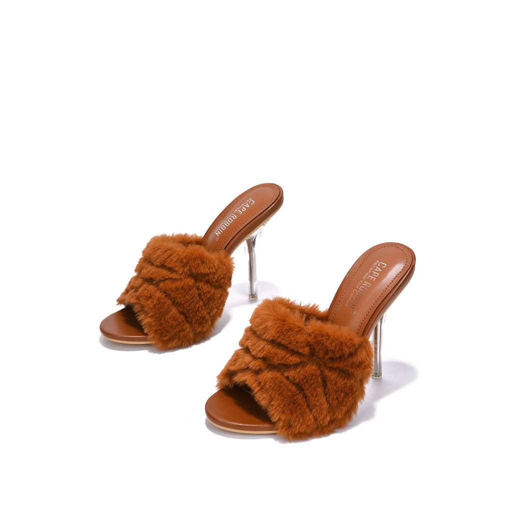 Cape Robbin Obrey Women Faux Fur Open Toe Stiletto Mule Heel Sandal (Tan, numeric_7)