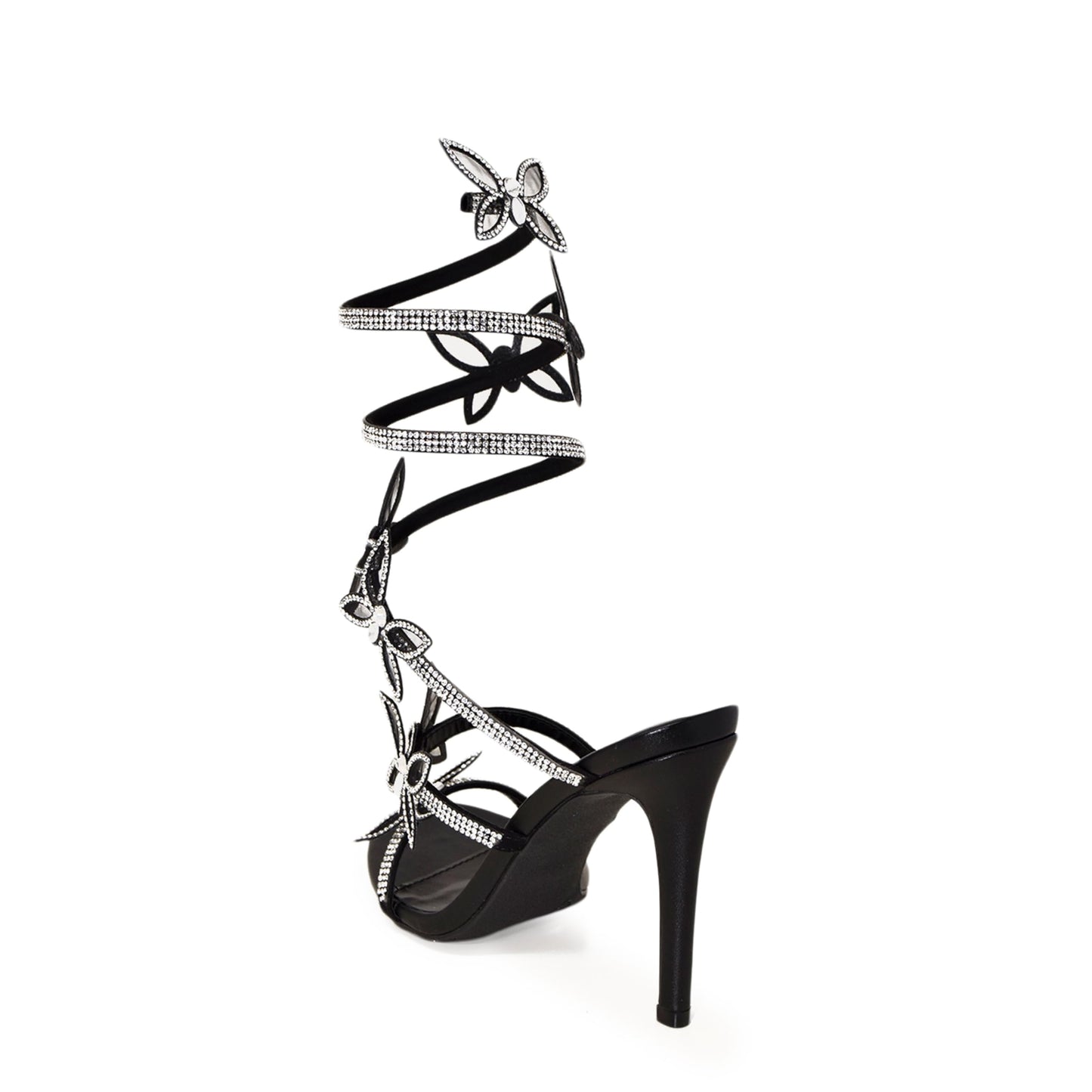 Wild Diva Women Rhinestone Butterfly Spiral Wrap Around High Heel Sandals Berlin-527 Self Black 9
