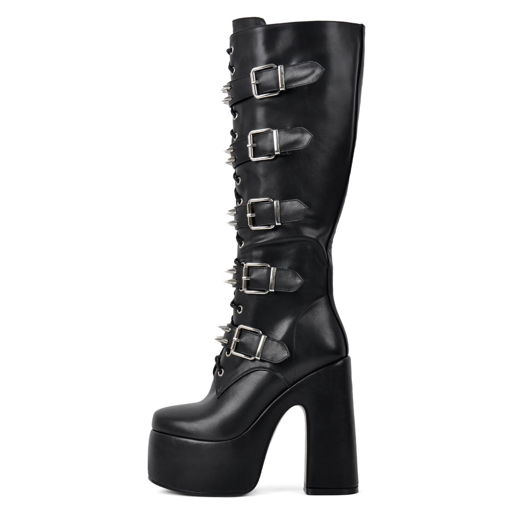 onlymaker Women's Knee-High Combat Boots Chunky High Heel Platform with Silver Buckles Studs Lace-Up Black Size 8