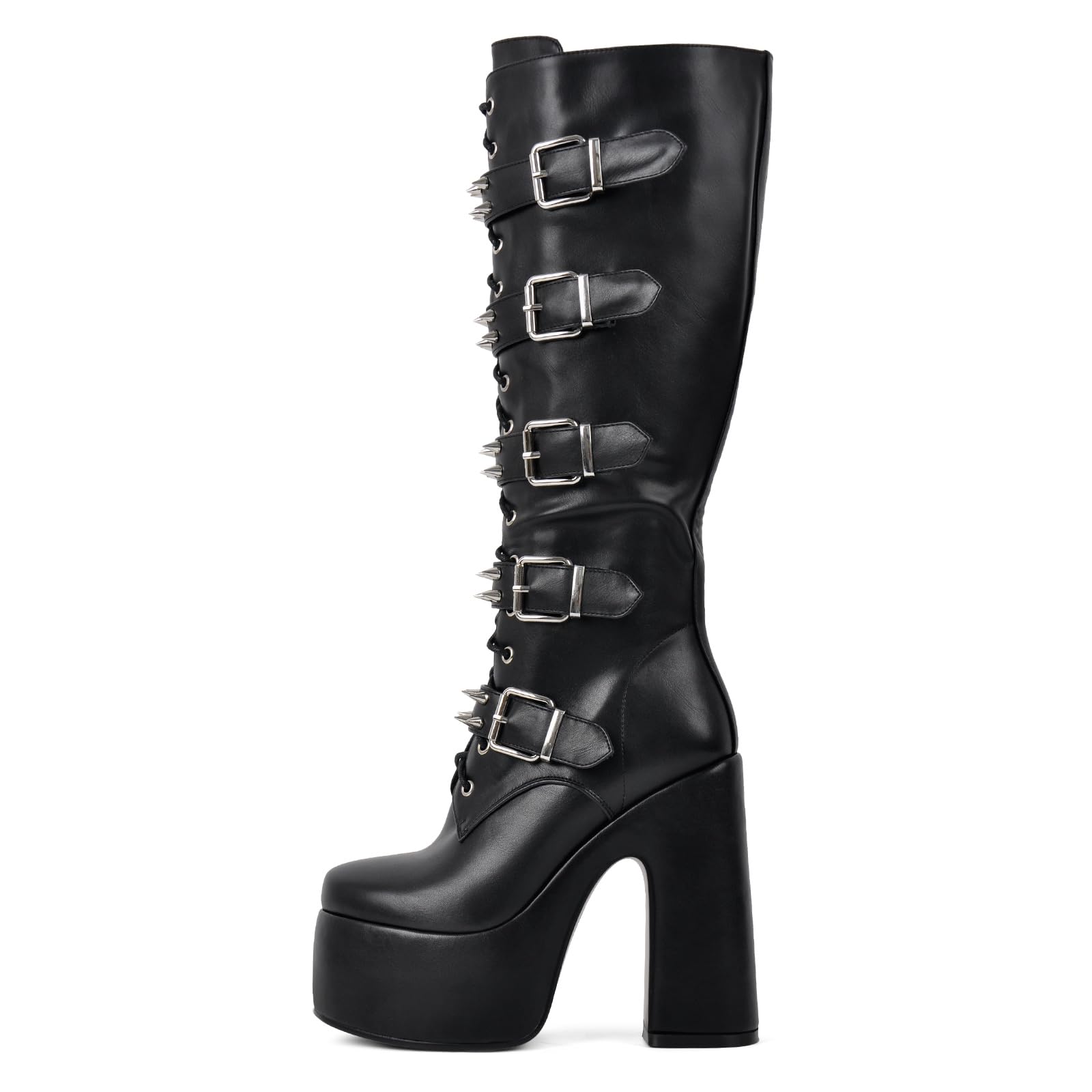 onlymaker Women's Knee-High Combat Boots Chunky High Heel Platform with Silver Buckles Studs Lace-Up Black Size 8