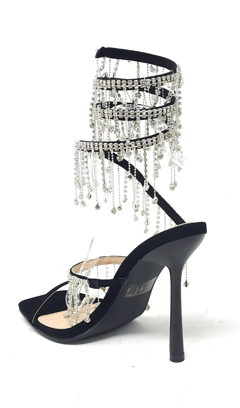 Wild Diva Women's Narala-51 Chandelier Embellished Rhinestone Spiral Coil Wrap Around Stiletto Heels (Black Nubuck, US Footwear Size System, Adult, Women, Numeric, Medium,