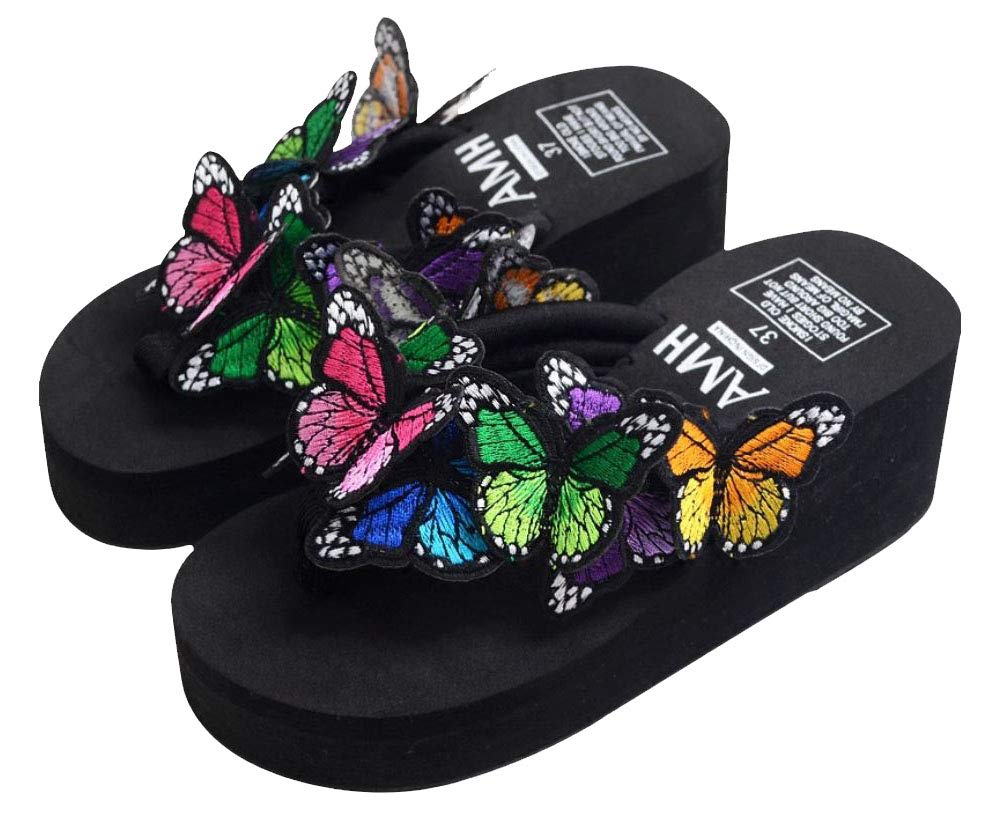 TOKYO-T Wedge Thong Sandals for Women Soft Cute Butterfly Flip Flop Platform Shoes 2.3 Heel (Black,9)