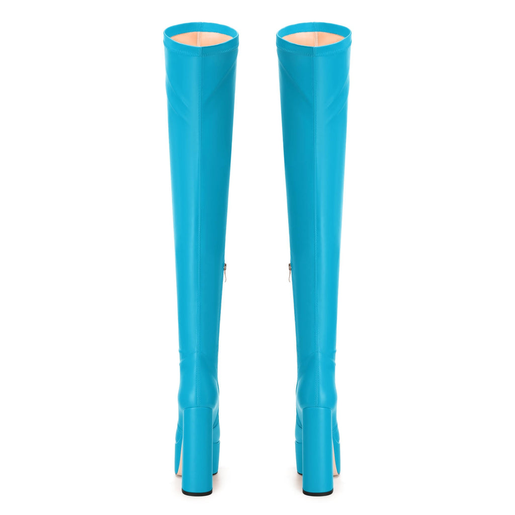 SKYSTERRY Lake Blue Women's Thigh High Boots Over The Knee Platform High Chunky Round Toe Heels Boots Side Zipper Sexy Comfortable Long Boots