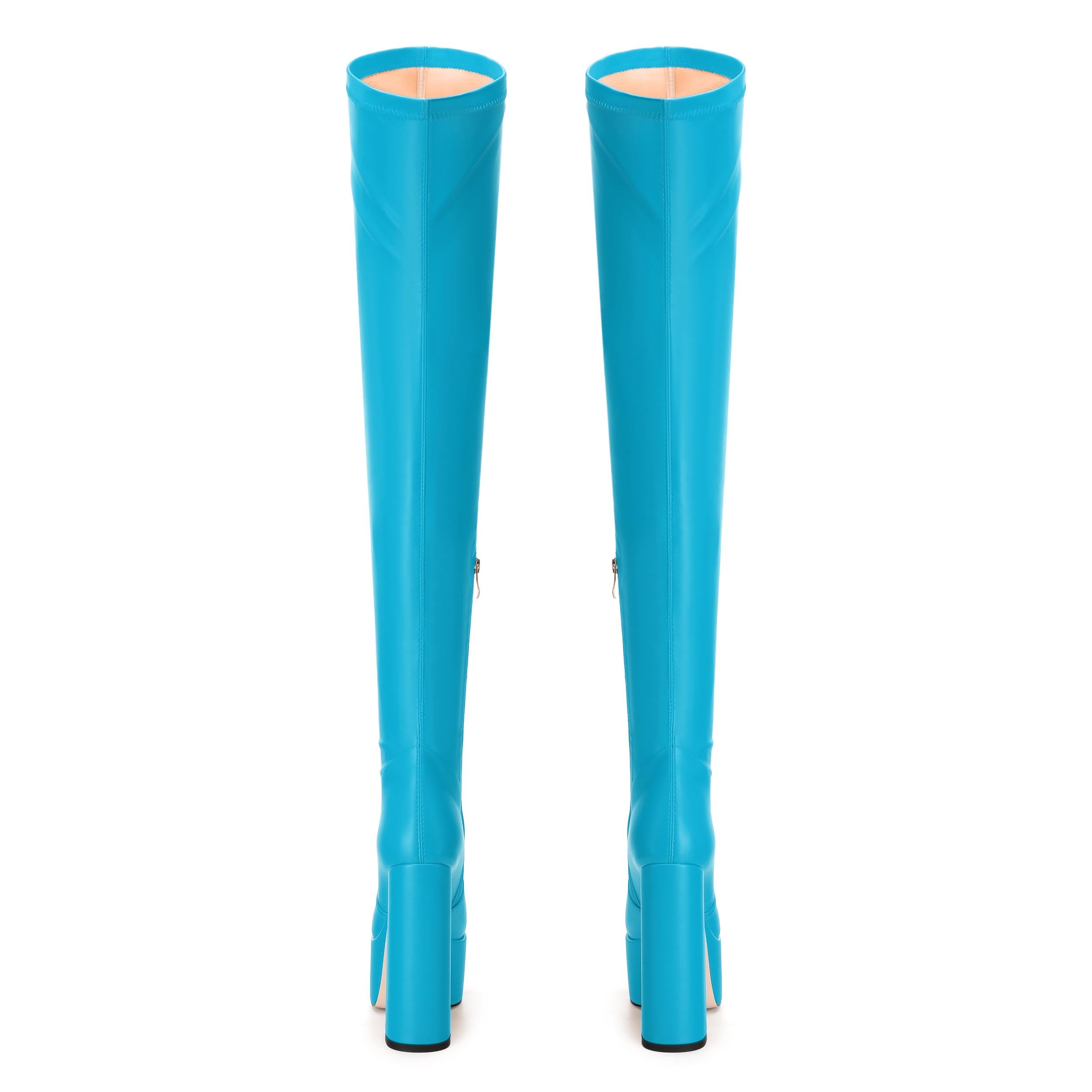 SKYSTERRY Lake Blue Women's Thigh High Boots Over The Knee Platform High Chunky Round Toe Heels Boots Side Zipper Sexy Comfortable Long Boots