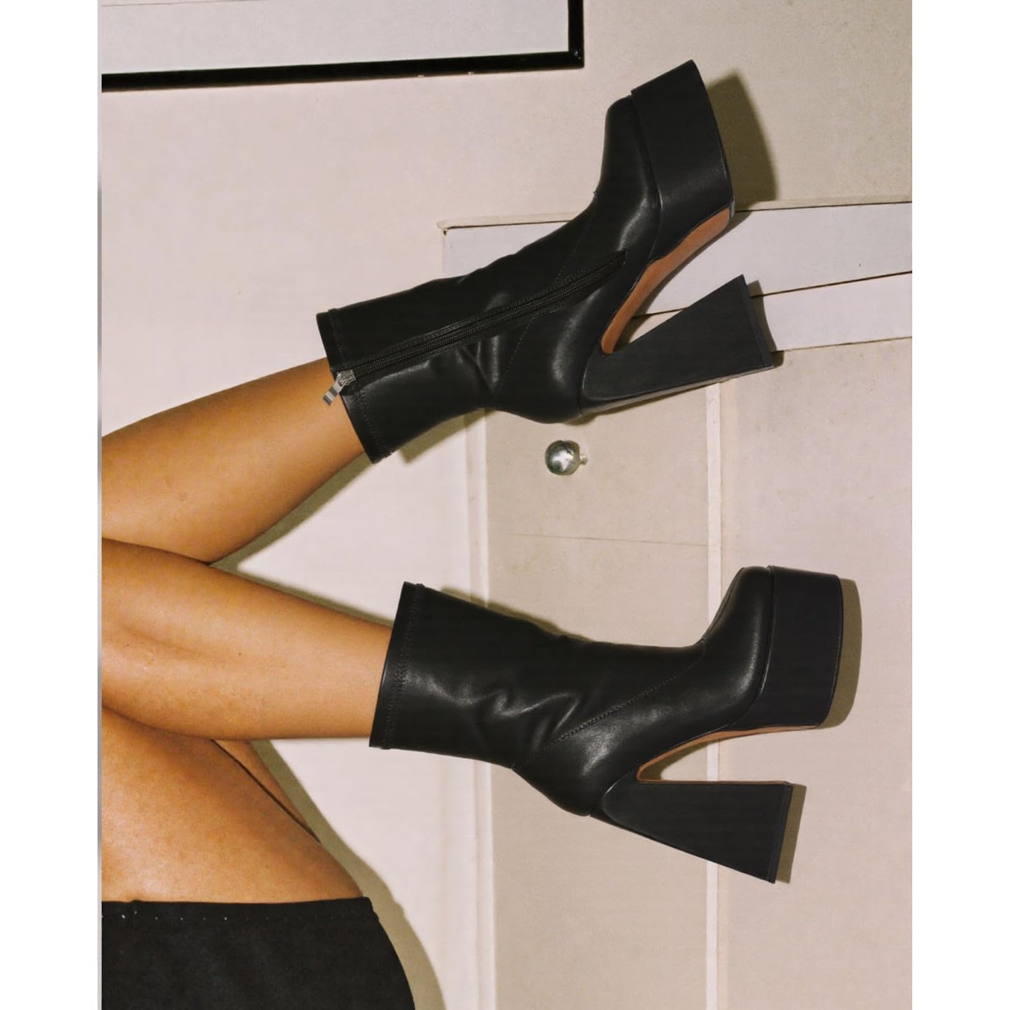 Uacllcau Platform Boots for Women Mid Calf Boots Square Toe Chunky High Heel Boots Side Zipper Ankle Booties