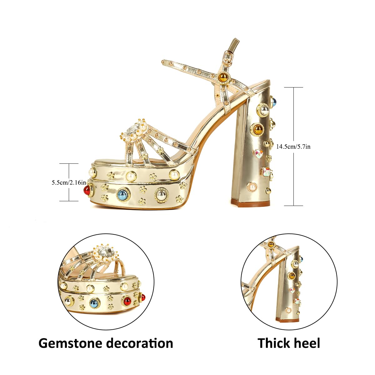 Gold Feinlina Women Rhinestone High Chunky Platform Heel