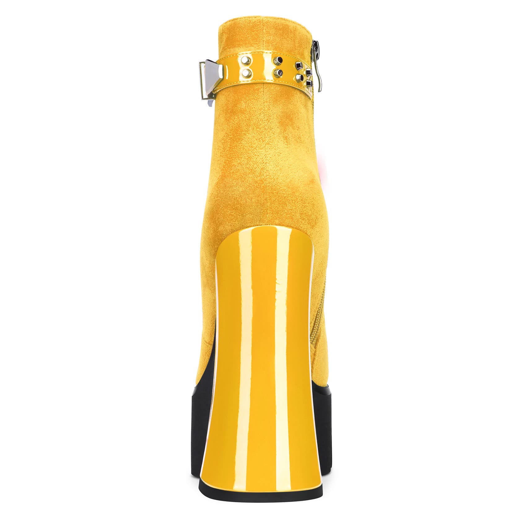 Aachcol Women Platform Ankle Boots Short Bootie Round Close Toe Chunky Block High Heel Suede Zipper Rivets Yellow 5.5 Inch