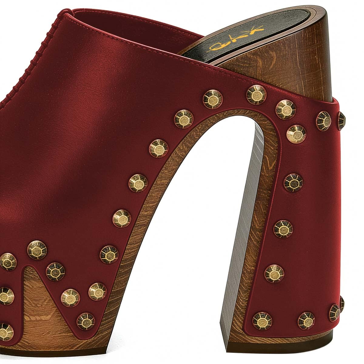 XYD Women Wooden Chunky Heel Mules Platform Bronzed Studs Open Toe Block Sandals Vintage Parties Shoes (Size 7.5, Red)