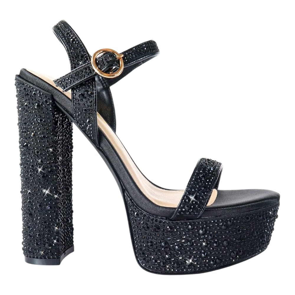Liliana Womens Rhinestones Ankle Strap Chunky High Heels Sandals Fabiosa Black 7