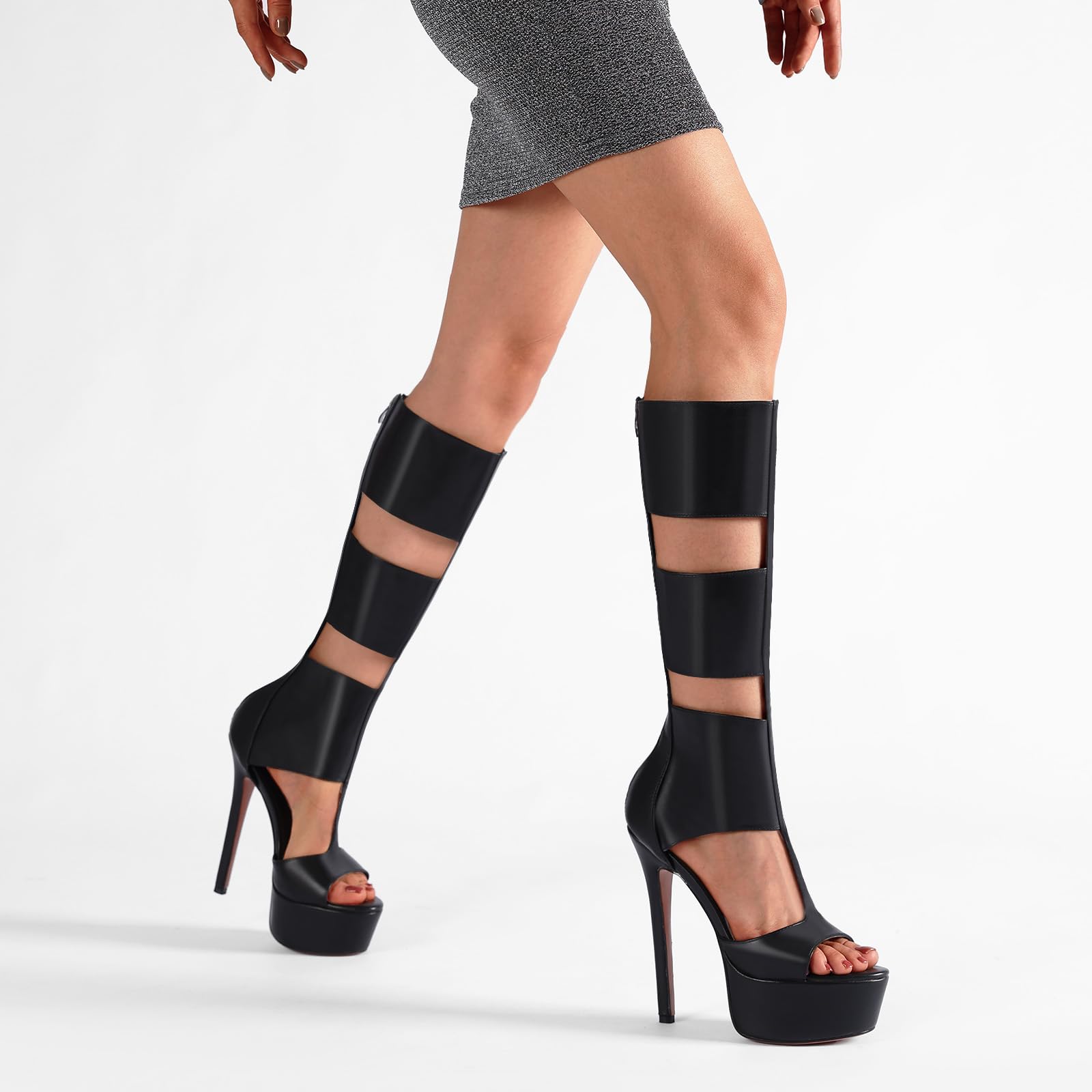 FancyQueen Platform Knee High Sandals for Women, Gladiator Open Toe Summer Booties Black Heels Sandal Boots, Sexy Style Casual for Party
