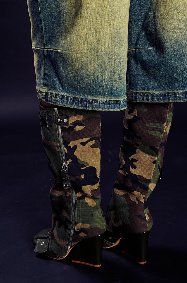 LEMONADE Women's Buckle Detail Square Toe Wedge Heel Knee High Long Boot﻿ Senna Camo