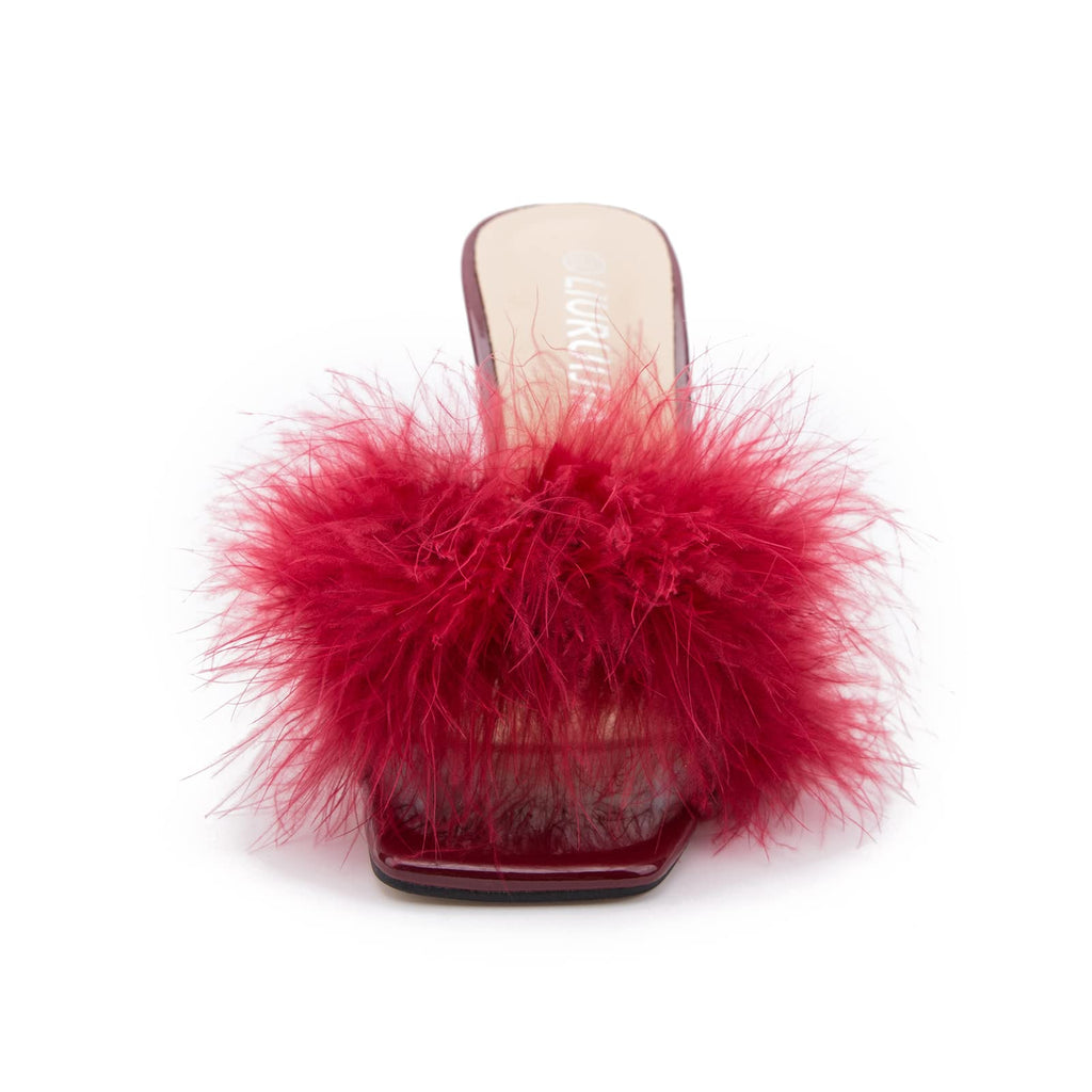 LIURUIJIA Feather High Heel Mules Sandals for Women Slip On Square Toe Clear Tapered Chunky Heels Fuzzy Fluffy Bridal Wedding Party Sexy Shoes Wine Red