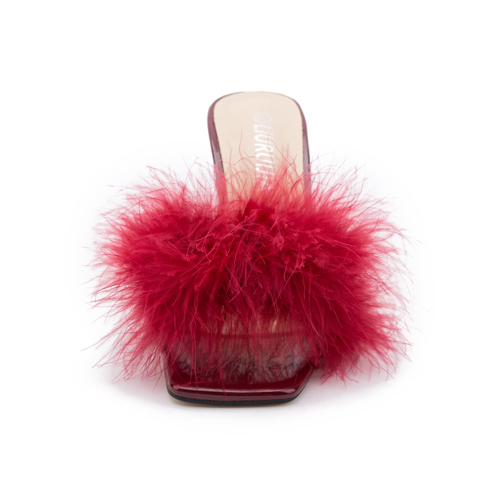 LIURUIJIA Feather High Heel Mules Sandals for Women Slip On Square Toe Clear Tapered Chunky Heels Fuzzy Fluffy Bridal Wedding Party Sexy Shoes Wine Red