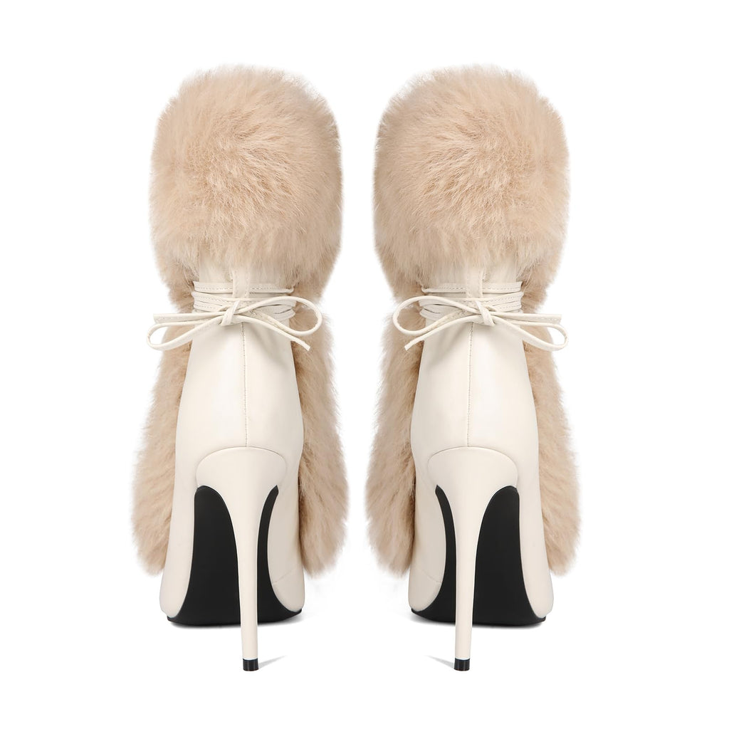 Maiosfy Furry Pointed Stiletto Heels with Straps Large Size Ankle Boots Heavy-Duty Soft Faux Fur Shoes Clubwear for Party Evening Footwear Unisex