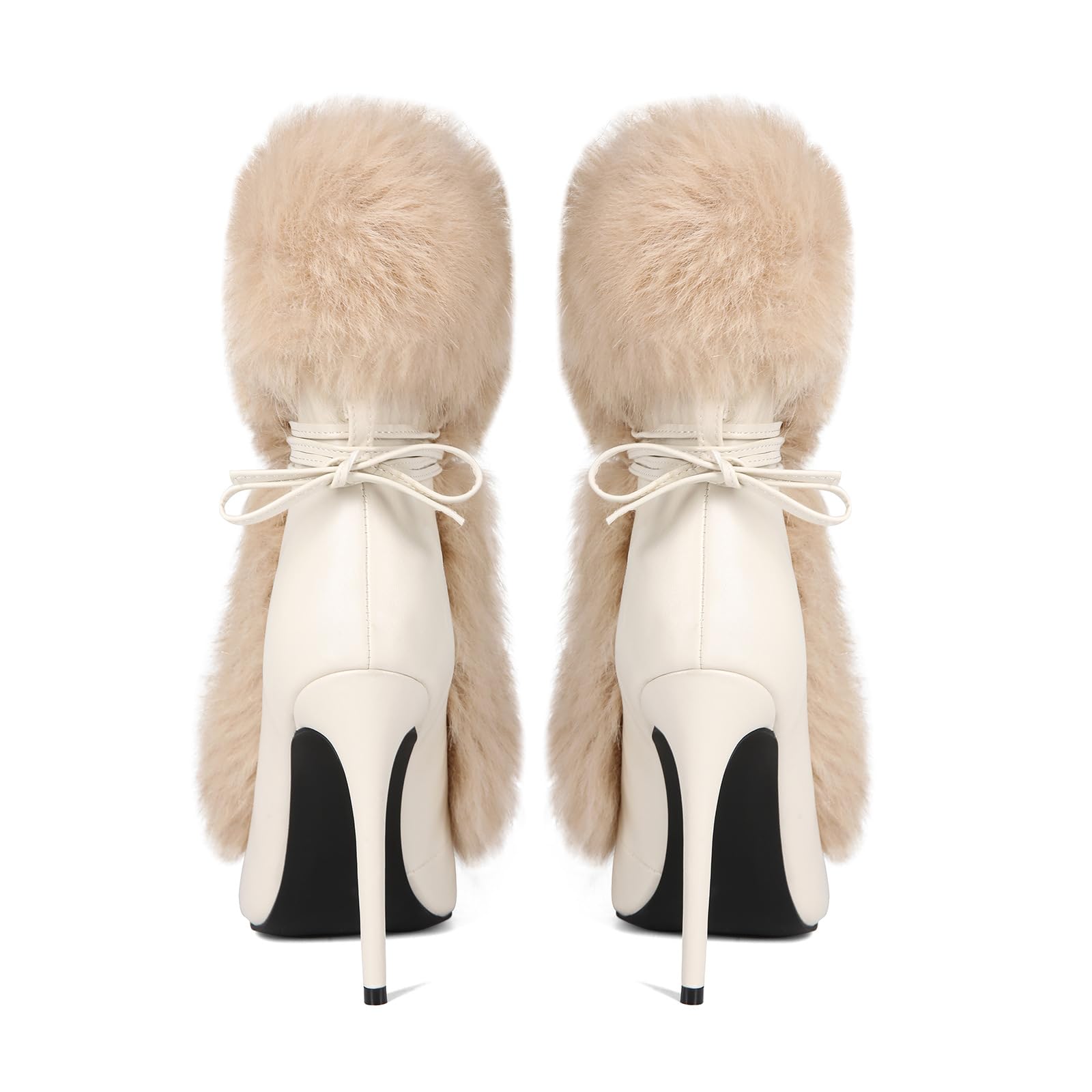 Maiosfy Furry Pointed Stiletto Heels with Straps Large Size Ankle Boots Heavy-Duty Soft Faux Fur Shoes Clubwear for Party Evening Footwear Unisex