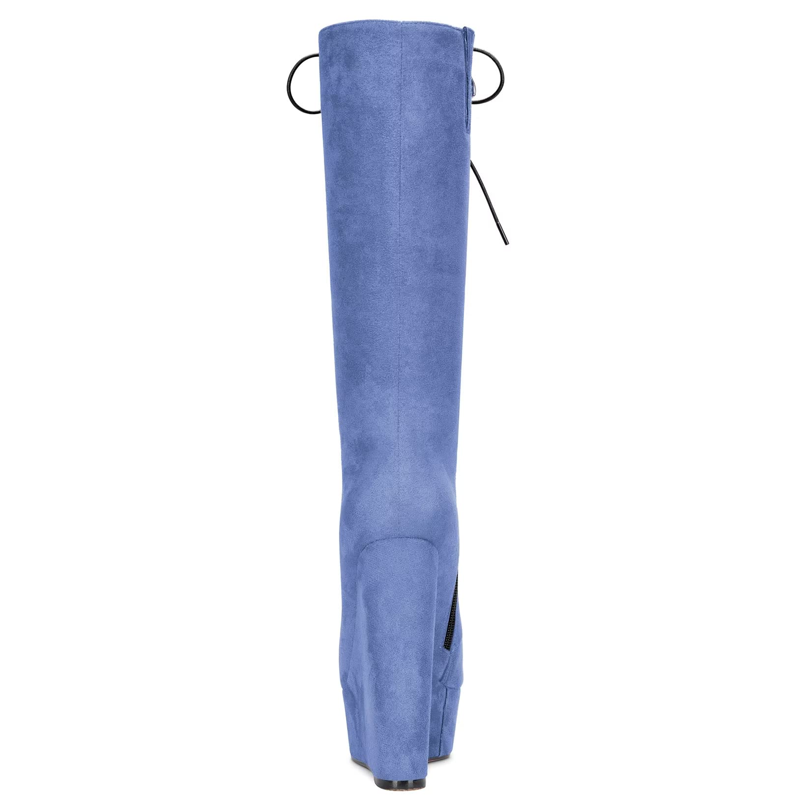 Castamere Women Wedge High Heel Close Round Toe Mid Calf Lace-up Zipper Classic Boots Blue