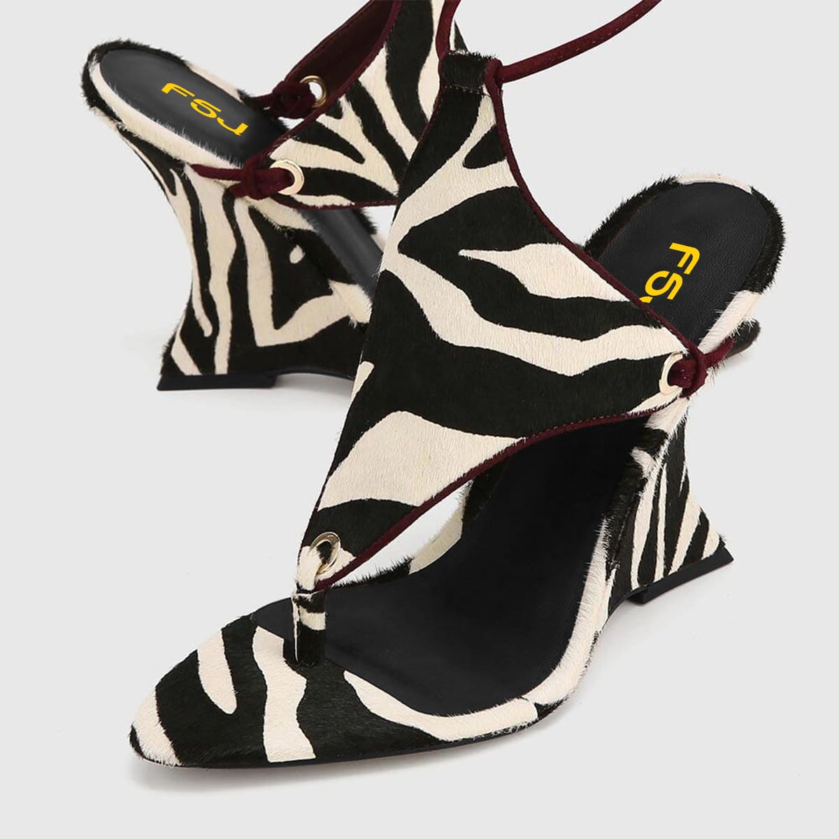 FSJ Women Open Toe Wedge Heel Thong Sandals Lace-Up Wrapped Heeled Flip Flops Comfortable Summer Dress Shoes Size 4 Zebra Print