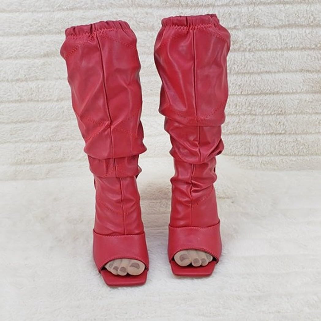 PAZZLE Women Peep Toe Knee High Boots Victoria-06 Red 11