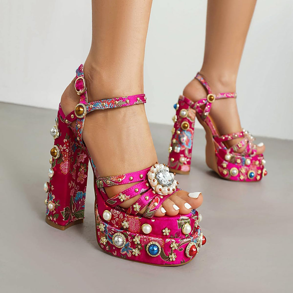 Pink Feinlina Women Rhinestone High Chunky Platform Heel