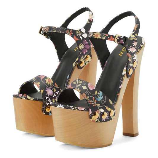 YDN Women's Platform Heeled Sandals Open Round Toe Chunky High Heels Backless Ankle Strap Sexy Casual Shoes for Spring Summer Party Size 7 Multi Flower