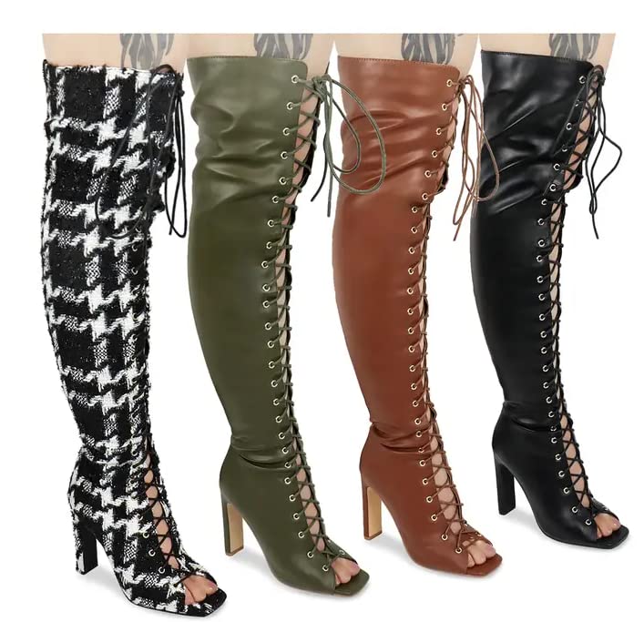 Liliana Women's Peep Toe Lace-Up Chunky Heel Over The Knee Boot Drip-1