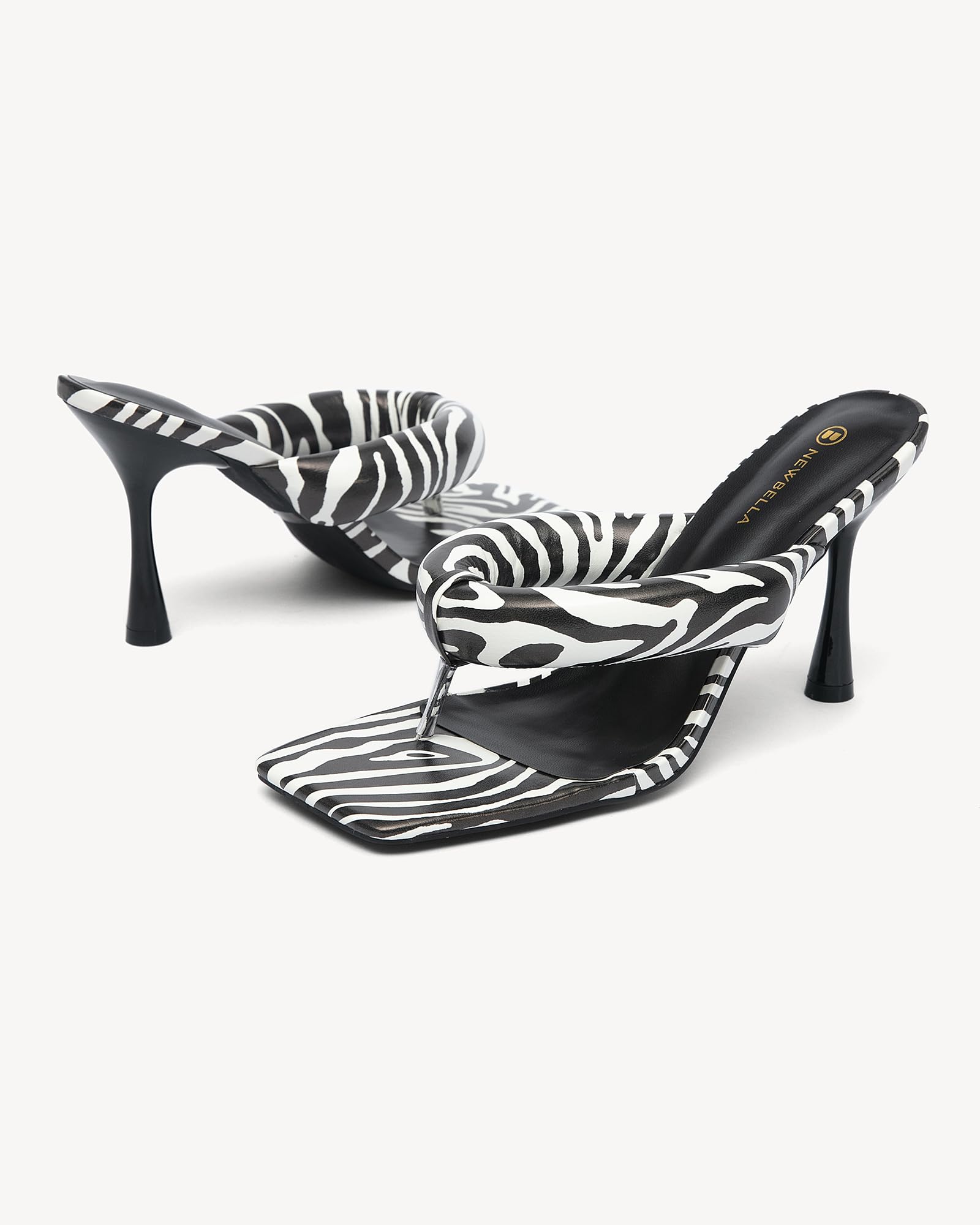 NEWBELLA Women's Square Toe Heeled Sandals Thong Strap Stiletto Heel Slip On Dress Shoes Fashion Summer Heels for Party Date Night Casual Wear