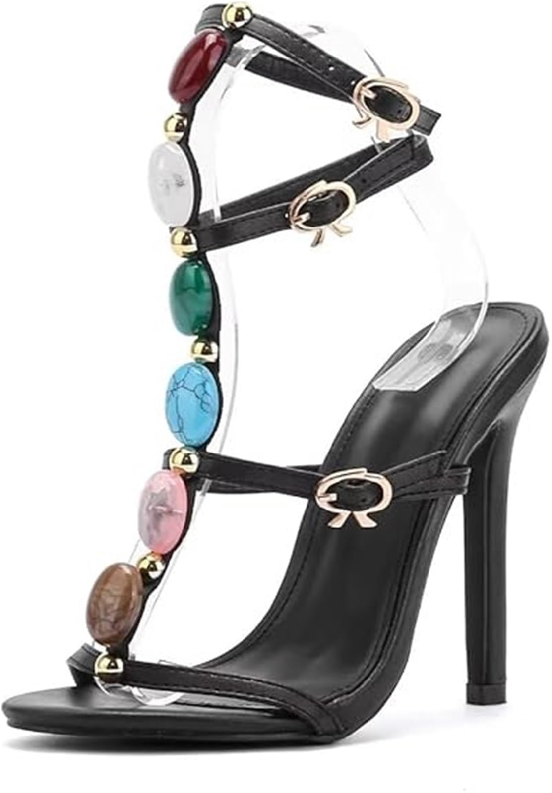 Gikleihwy Women's Jeweled Ankle Strap Stiletto Heels, Gladiator Open Toe Ankle Strap Heeled Sandals Summer Slip on Casual Dress Sexy Shoes for Party Wedding Vacation(Black,8.5 US)