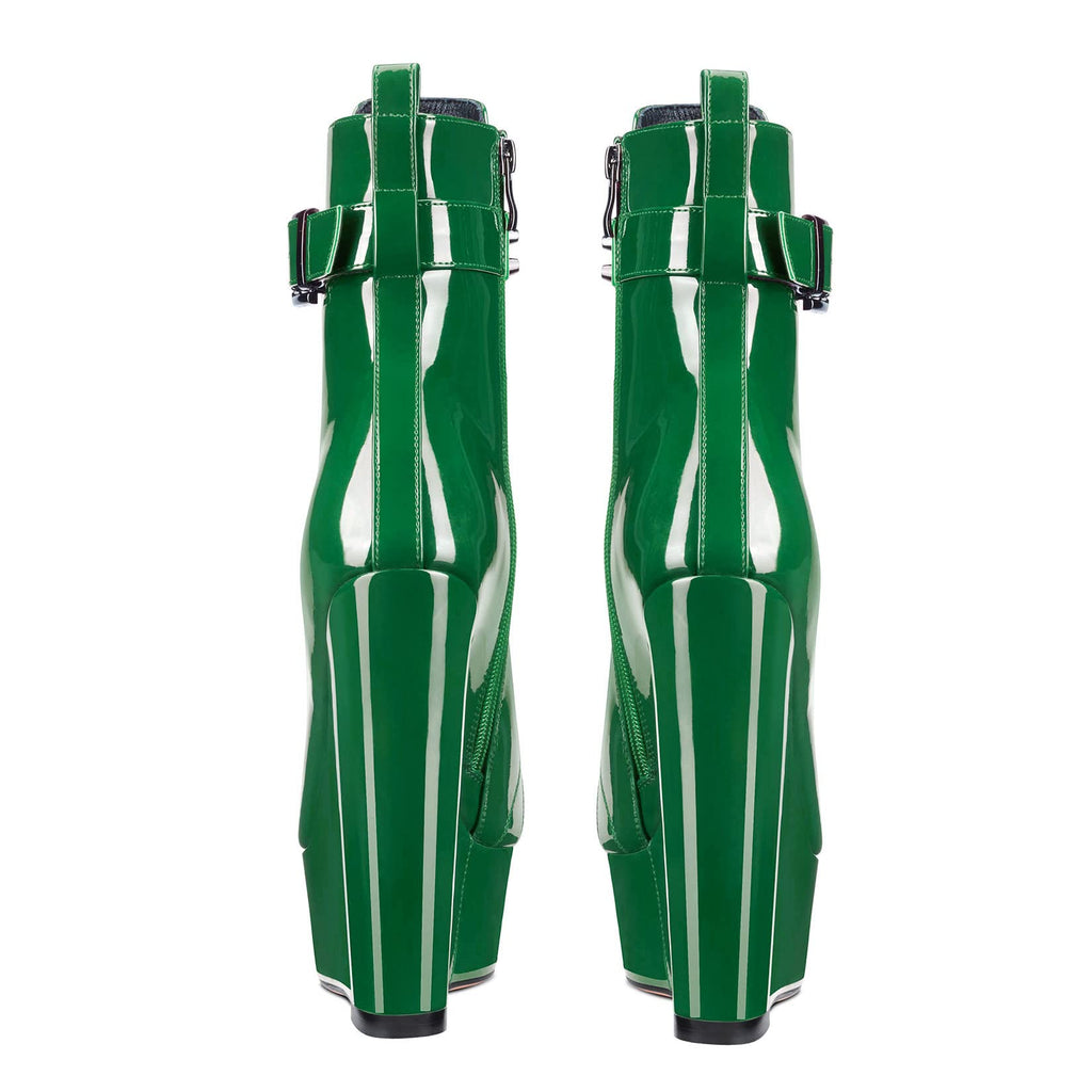 Aachcol Women Wedge Platform High Heel Ankle Boots Short Bootie Round Close Toe Lace-up Shoes Rivets Buckle Patent Deep Green 6 Inch