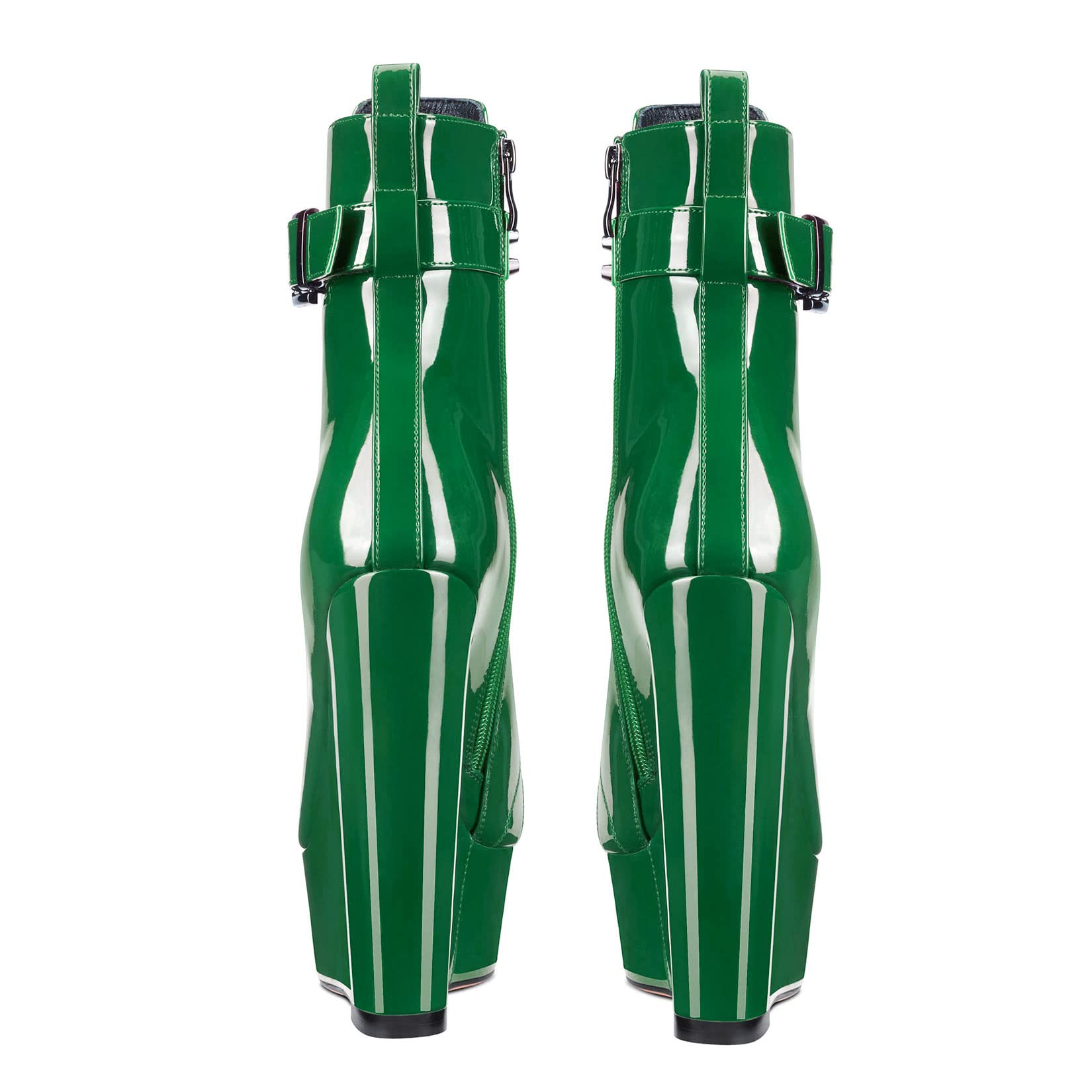 Aachcol Women Wedge Platform High Heel Ankle Boots Short Bootie Round Close Toe Lace-up Shoes Rivets Buckle Patent Deep Green 6 Inch