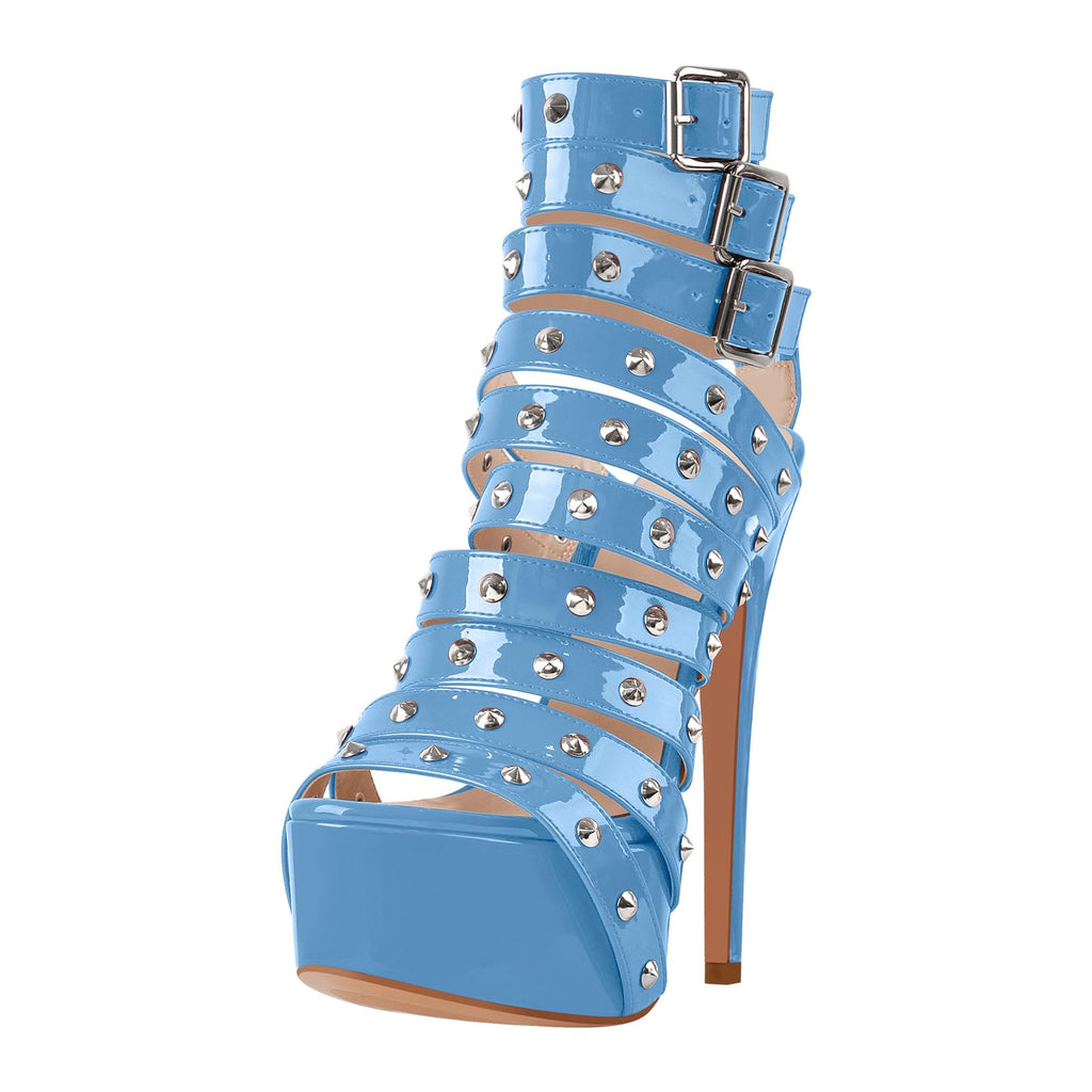 richealnini Rivets Belt Straps Heels for Women Studded Buckle Punk Sandals with Platform Blue Stiletto Heels Adjustable Buckle Strappy Heeled Sandals Peep Toe Stylish Dance Wedding Shoes Size 7