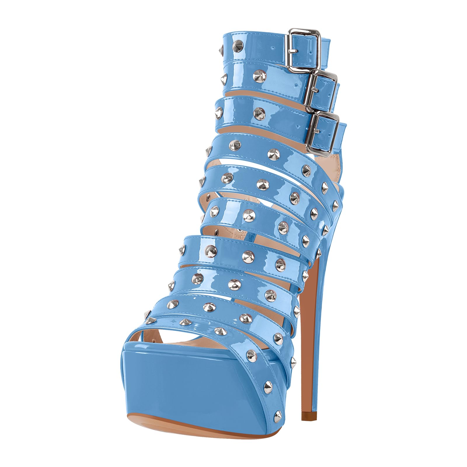 richealnini Rivets Belt Straps Heels for Women Studded Buckle Punk Sandals with Platform Blue Stiletto Heels Adjustable Buckle Strappy Heeled Sandals Peep Toe Stylish Dance Wedding Shoes Size 7