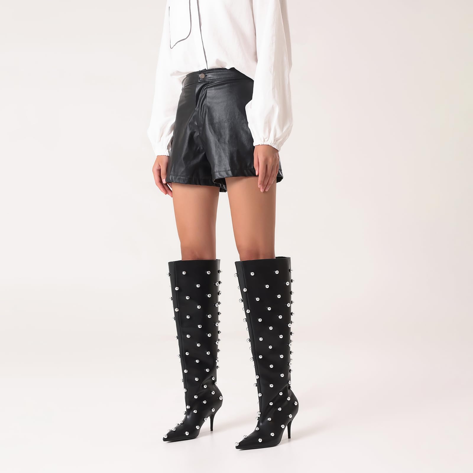 USRUNOE Wide Calf Boots for Women 3.4 Inch Stiletto Heels Knee High Pointed Toe Studded Black Pull On Fashion Tall Boots Y2K Style Comfortable