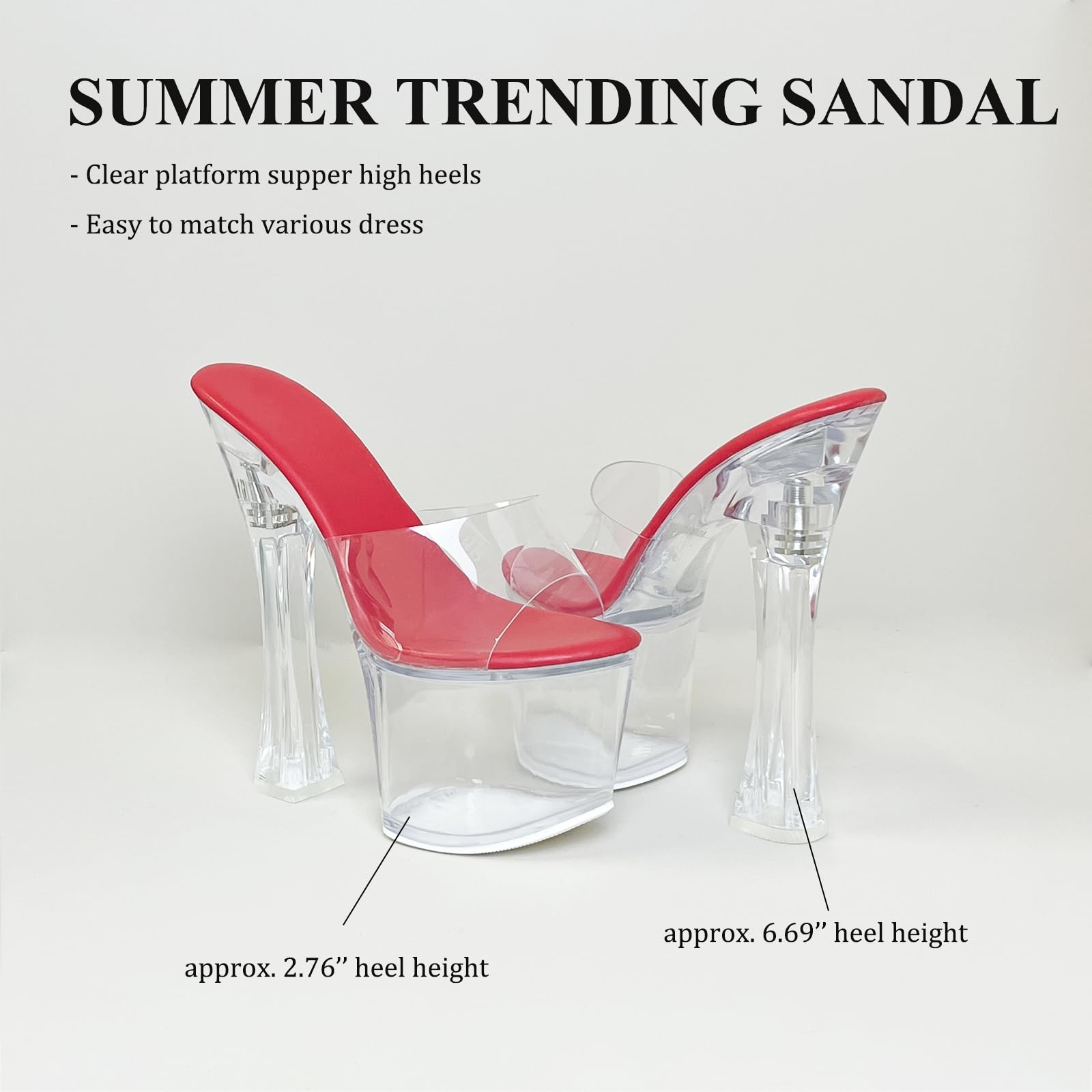 Baffoloo Womens's Clear Platform Heels for Women Sky High Slide Chunky Sexy 6-Inch Heeled Dancing Sandals Red