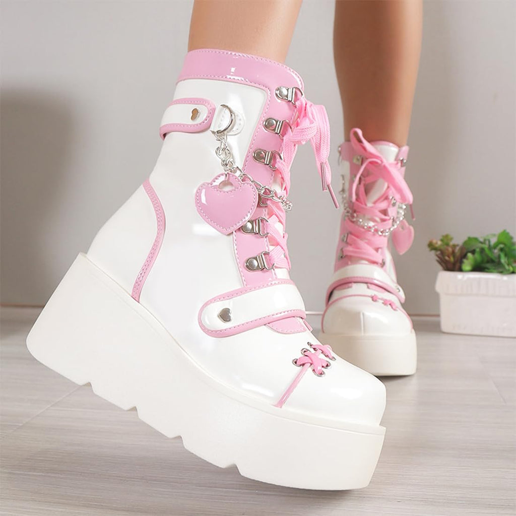 XYKHUI Goth Platform Buckle Boots for Women's Chunky High Heel Lace Up Punk Motorcycle Combat Boots with Chain Pink