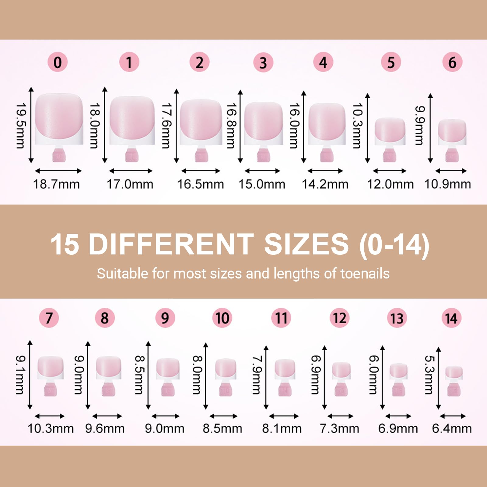 Toe Nail Tips, Brown Soft Gel Press On Toenails, 150Pcs Short Square French Toenail Full Cover Press On Fake Toe Nails Salon Home DIY 15 Sizes