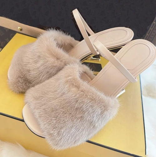 Azttoztto Women's Furry Slide Sandals High Heel Round Toe Designer Slippers Unique Geometric Heel Dressy Evening Shoes (apricot color,4.5)