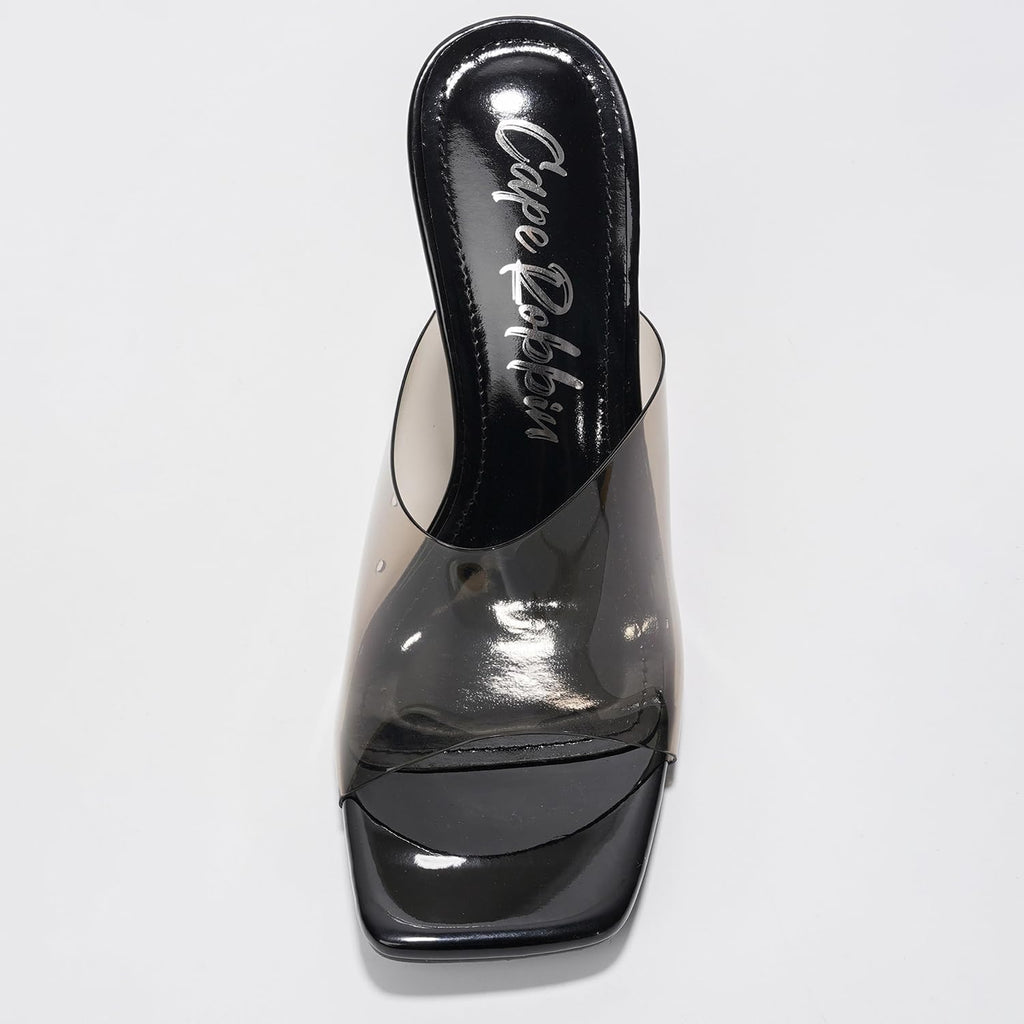 Cape Robbin Slip On Clear Wedge Heels for Women - Square Toe Comfortable Lightweight Dressy Shoes, Summer Casual Outfits (MALA) Black