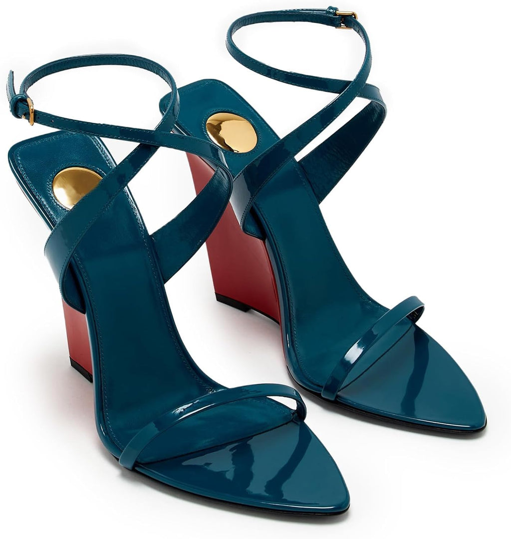 CAGLGLZ Wedge Sandals for Women Strappy Wedge Heels Pointed Open Toe Heeled Sandals Buckle Ankle Strap Pumps Sexy Wedding Dress Shoes(red,9)