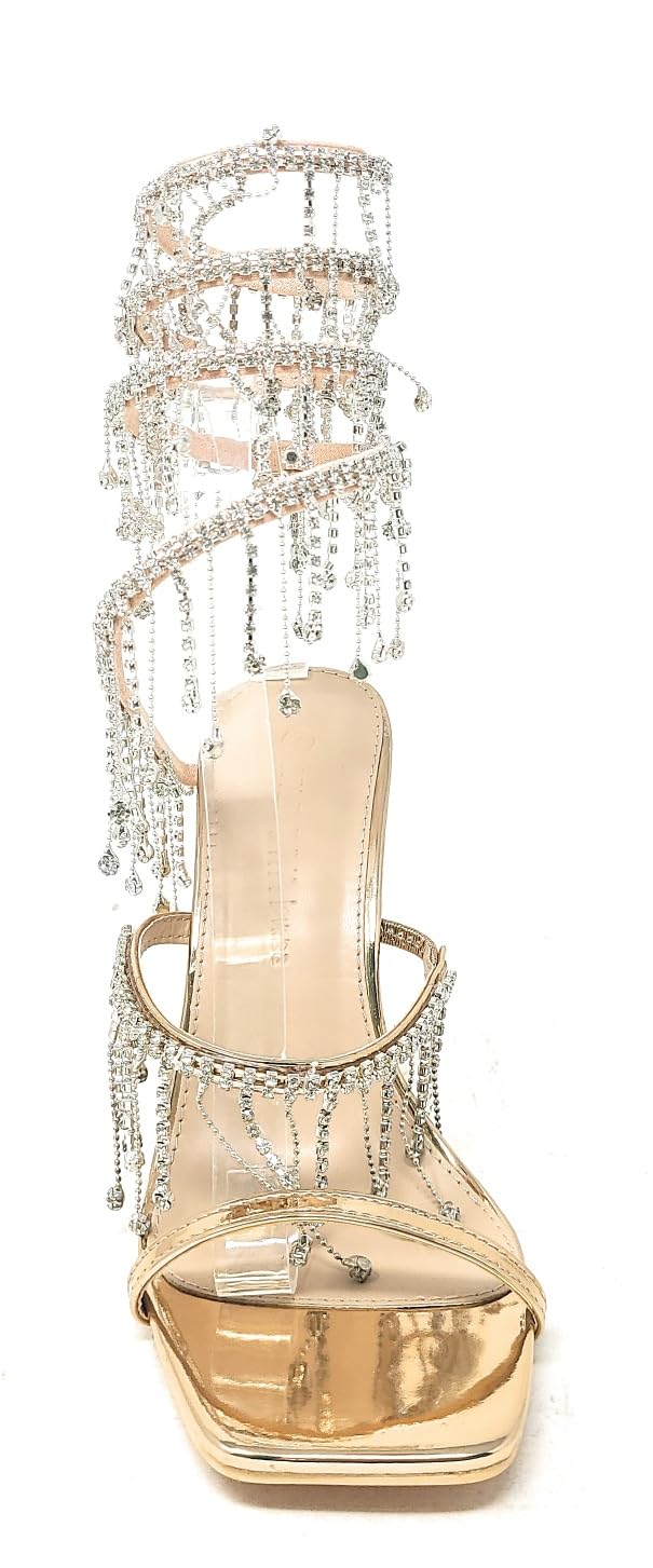 Wild Diva Women's Narala-51 Chandelier Embellished Rhinestone Spiral Coil Wrap Around Stiletto Heels (Rose Gold PU, US Footwear Size System, Adult, Women, Numeric, Medium