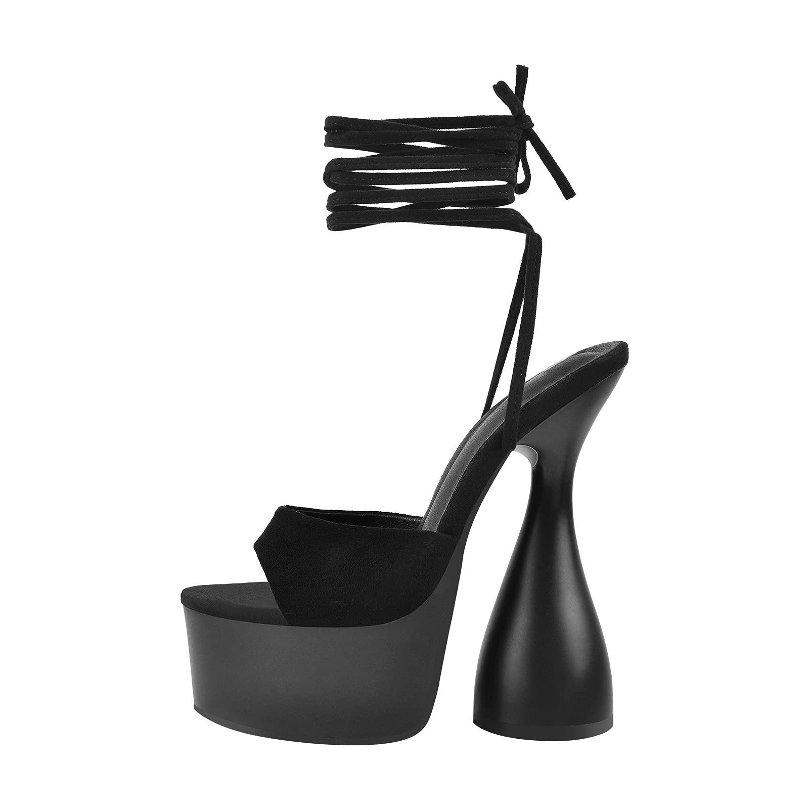LISHAN Women's Round Open Toe Platform Lace Up Block Chunky High Heels Ankle Strappy Solid Color Gladiator Faux Suede Fashionable Anti-slip Heeled Sandals Nightclub Date Party Shoes Black