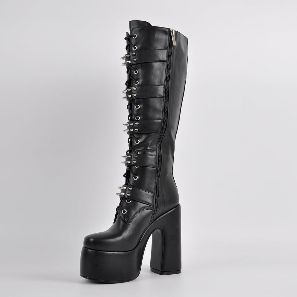 onlymaker Women's Knee-High Combat Boots Chunky High Heel Platform with Silver Buckles Studs Lace-Up Black Size 8