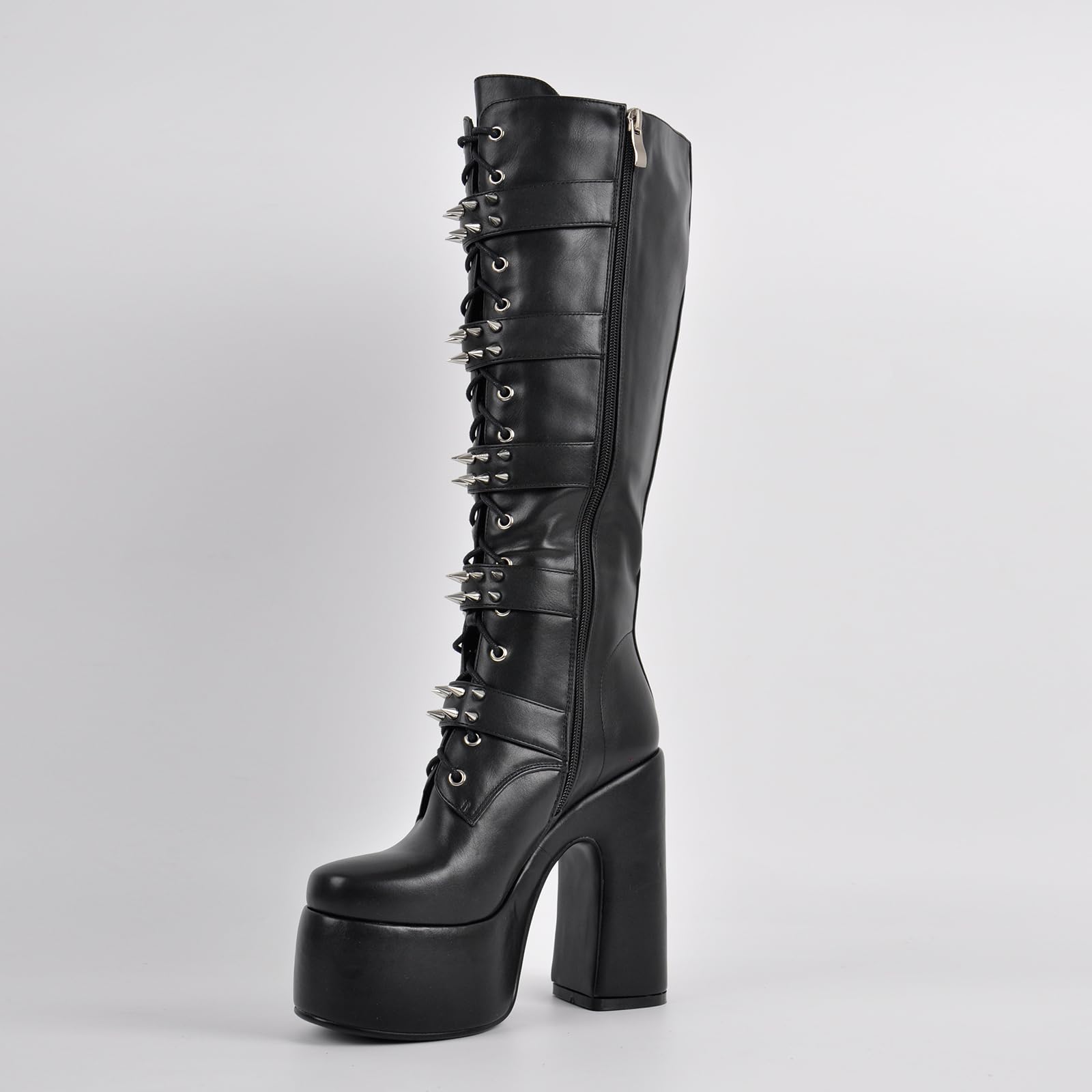 onlymaker Women's Knee-High Combat Boots Chunky High Heel Platform with Silver Buckles Studs Lace-Up Black Size 8